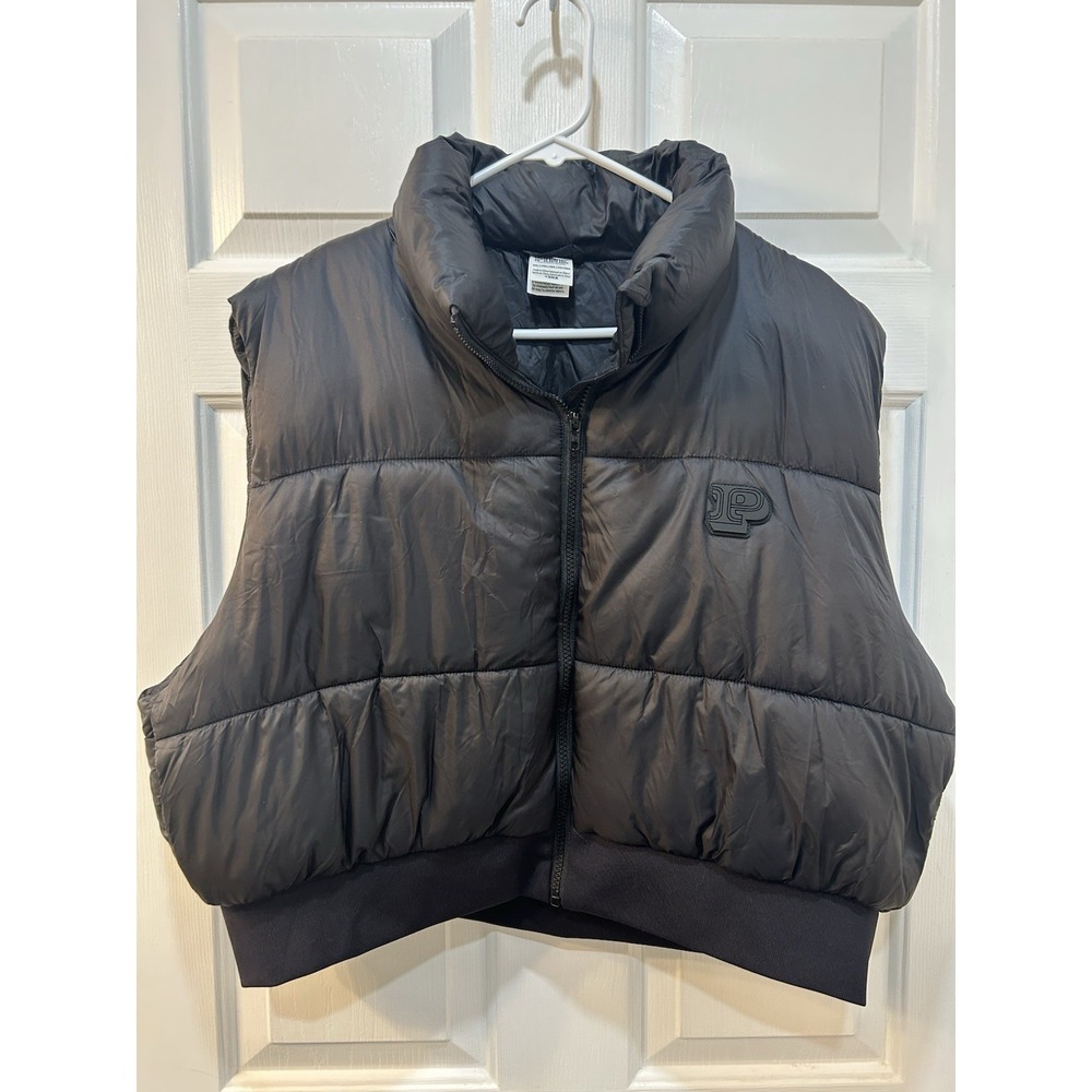 PINK Victoria's Secret Black Puffer Vest Women XXL Cropped Quilted Full Zip Up